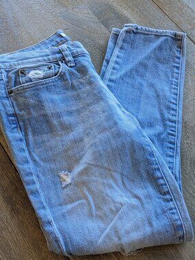 J Crew, Light Wash Distressed Stretch 8" Midrise Skinny Crop Blue Jeans, Size 27